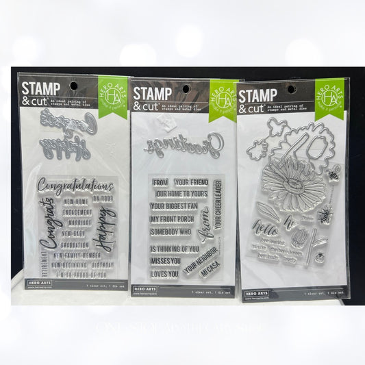 Hero Arts STAMP & CUT Daisy Greetings Congrats Bees Rubber Stamps Dies