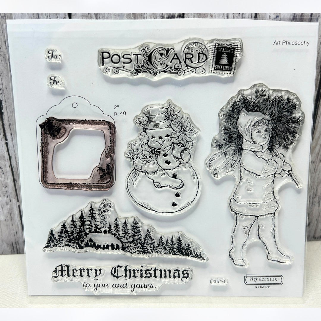 Close To My Heart CHRISTMAS POST Vintage Girl Snowman Postcard Rubber Stamps