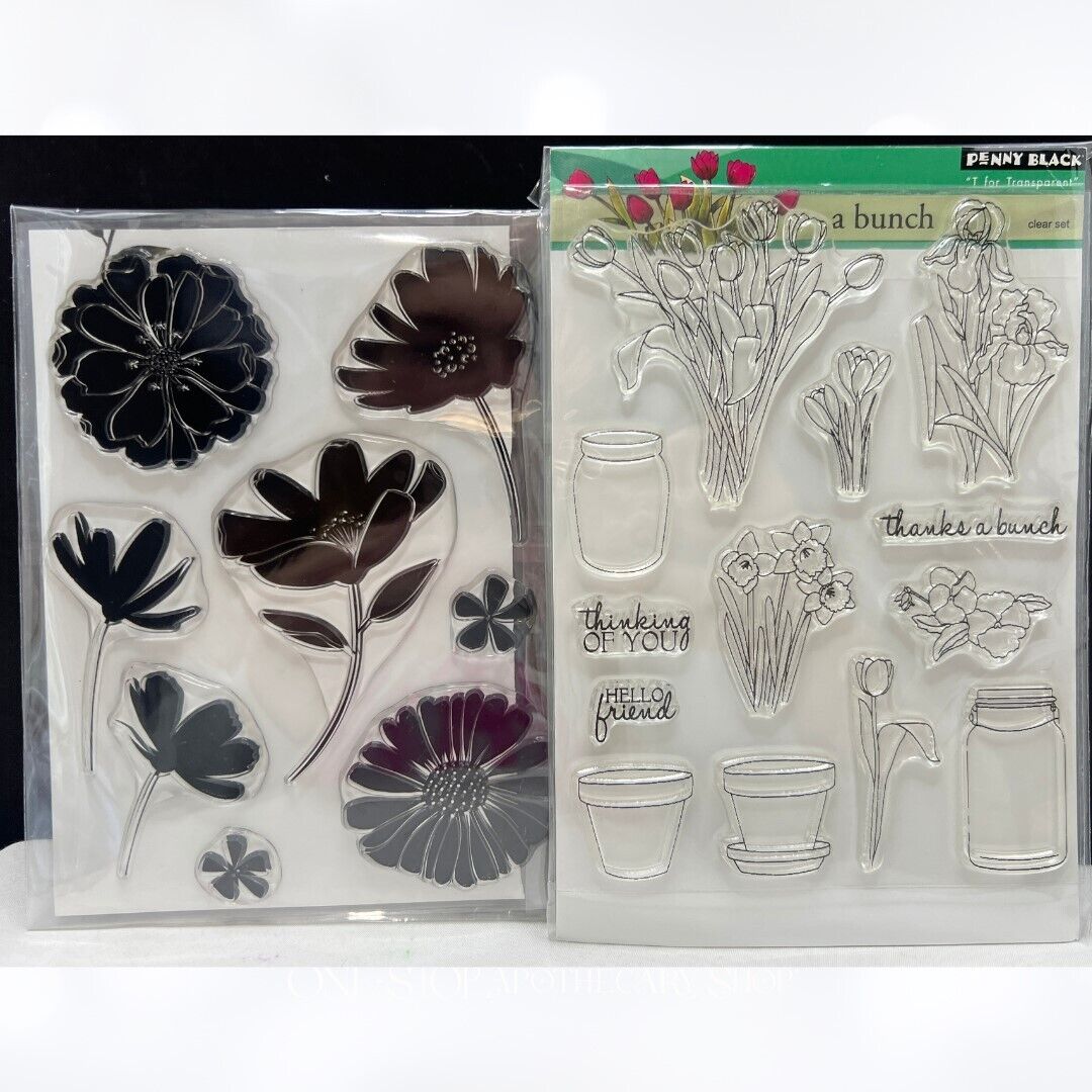 Penny Black A BUNCH Petal Profiles Flowers Pots Jar Rubber Stamps Lot of 2