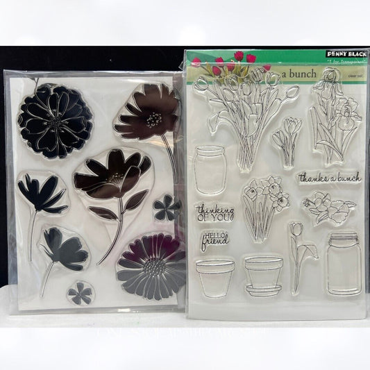 Penny Black A BUNCH Petal Profiles Flowers Pots Jar Rubber Stamps Lot of 2