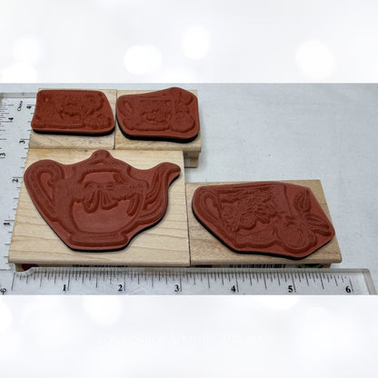 All Night Media TEA CUPS Sandy Clough Tea Pot Party Rubber Stamps Lot of 4