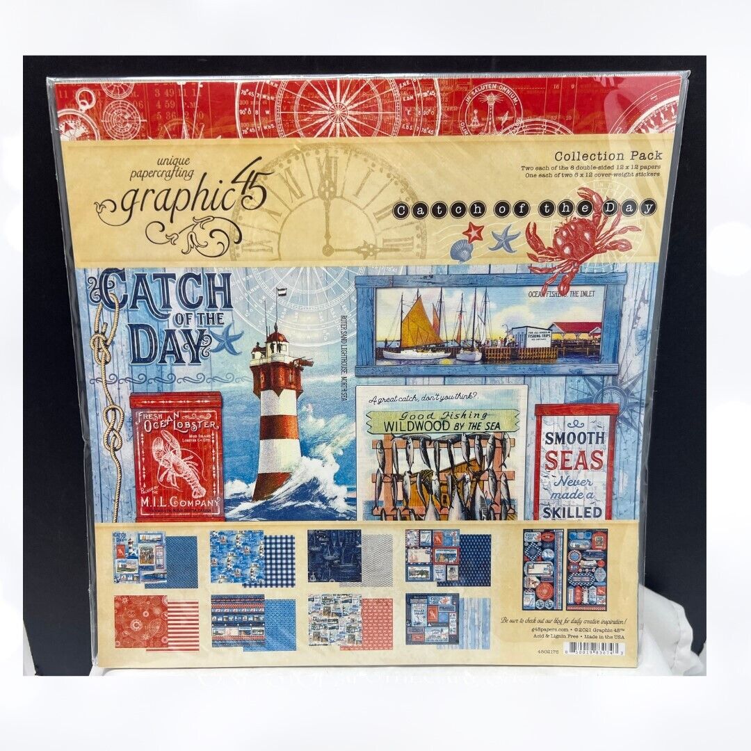 Graphic 45 CATCH OF THE DAY Sea Nautical Cardstock 12x12 Paper Stickers 