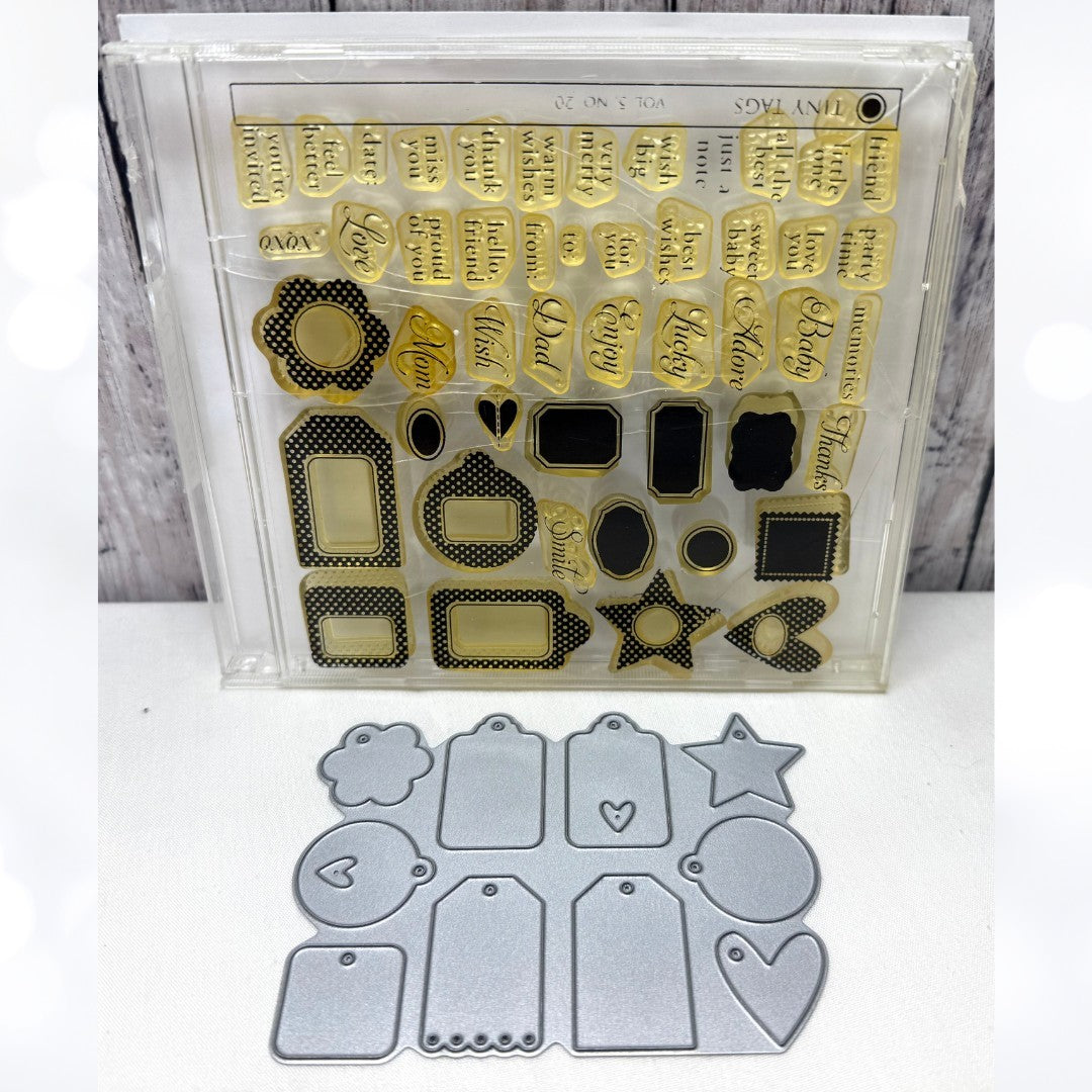 Papertrey Ink TINY TAGS Mini Gift Sentiments Greetings Rubber Stamps Dies