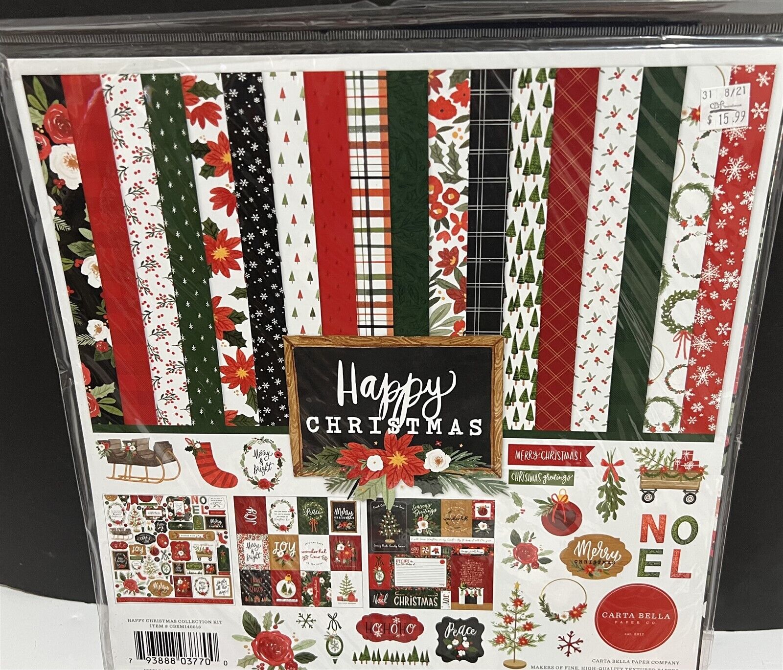 Carta Bella HAPPY CHRISTMAS Holiday Scrapbook Paper 12x12 Kit 6x6 Chipboard Lot