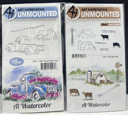 Art Impressions Watercolor BARN & TRUCK Mini Farm Rubber Stamps Sets Lot