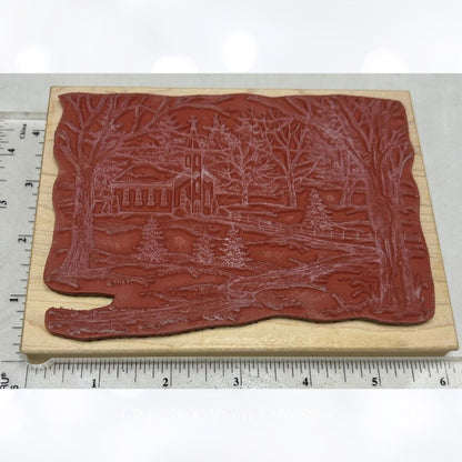 Northwoods CHRISTMAS CHURCH Landscape Winter Rubber Stamp