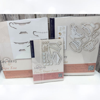 The Greetery SIPS TEA Fancy Finger Foods Party Cups Rubber Stamps Dies Stencil