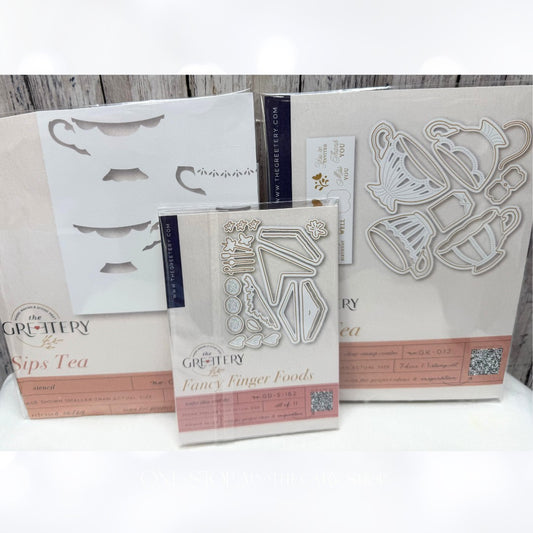 The Greetery SIPS TEA Fancy Finger Foods Party Cups Rubber Stamps Dies Stencil