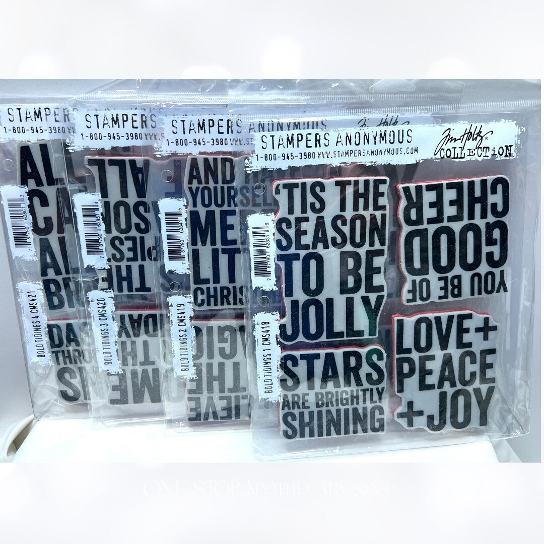Tim Holtz BOLD TIDINGS Christmas Greetings Rubber Stamps Sets 1,2,3 & 4