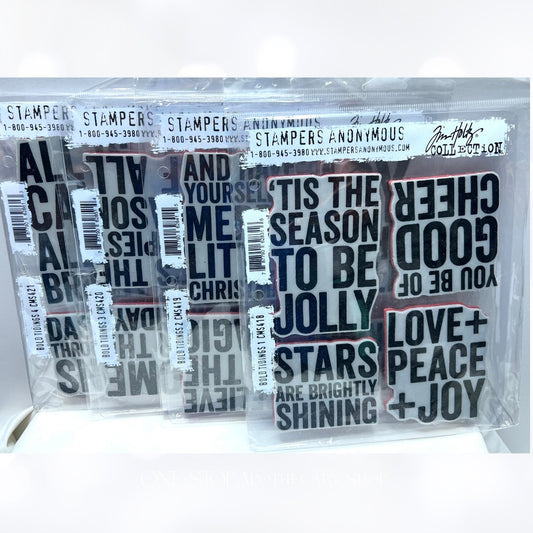 Tim Holtz BOLD TIDINGS Christmas Greetings Rubber Stamps Sets 1,2,3 & 4