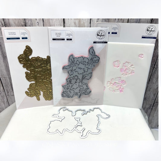 Pinkfresh Studio JOYFUL PEONIES Peony Rubber Stamps Dies Hot Foil Stencils