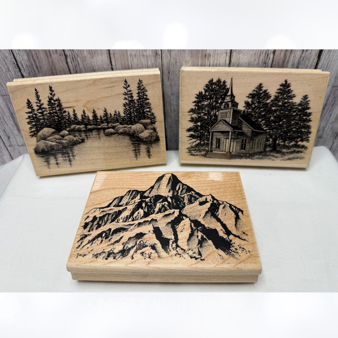 Stampscapes COUNTRY CHAPEL Lakeside Cove Tall Peak Landscape Rubber Stamps