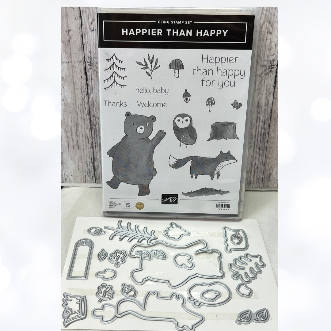 Stampin Up HAPPIER THAN HAPPY Bear Owl Fox Animals Forest Rubber Stamps Dies