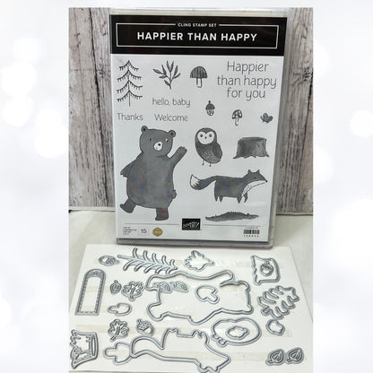 Stampin Up HAPPIER THAN HAPPY Bear Owl Fox Animals Forest Rubber Stamps Dies