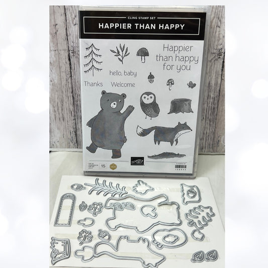Stampin Up HAPPIER THAN HAPPY Bear Owl Fox Animals Forest Rubber Stamps Dies