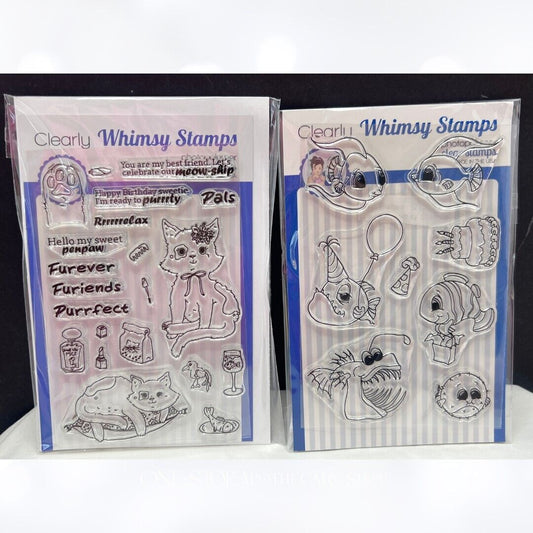 Whimsy Stamps FISH & CAT Birthday Funny Rubber Stamps Lot of 2