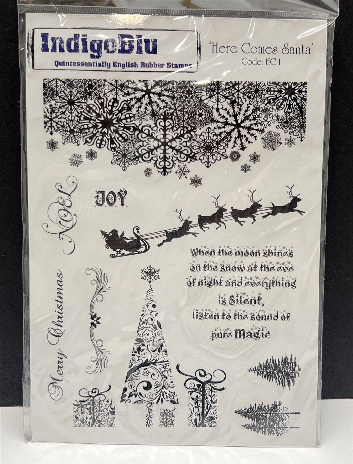 Indigoblu Indigo Blu HERE COMES SANTA Sleigh Tree Holiday Rubber Stamps Set