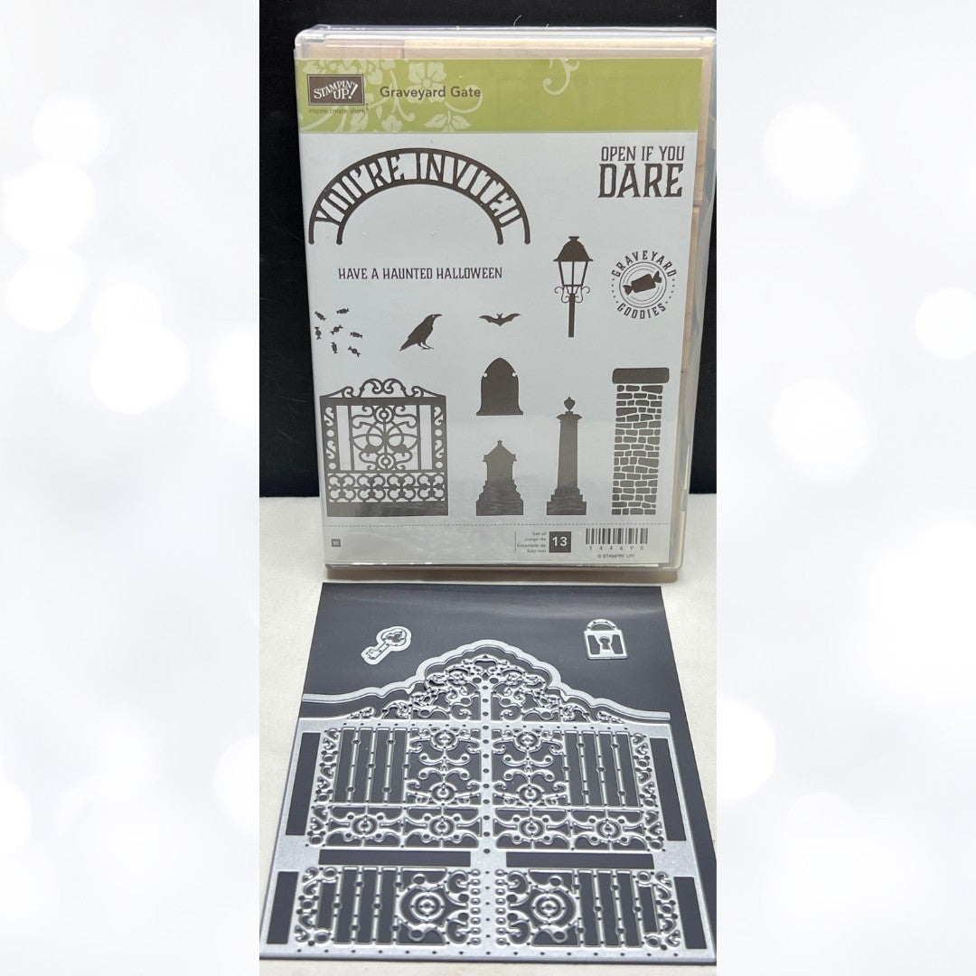 Stampin Up GRAVEYARD GATE Halloween Detailed Wood Rubber Stamps Thinlits Dies