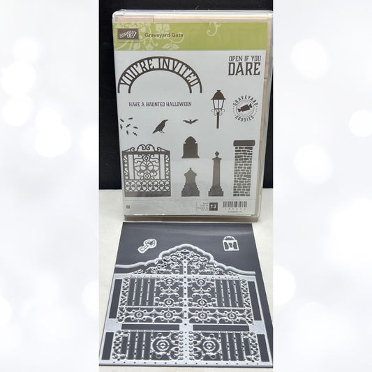 Stampin Up GRAVEYARD GATE Halloween Detailed Wood Rubber Stamps Thinlits Dies