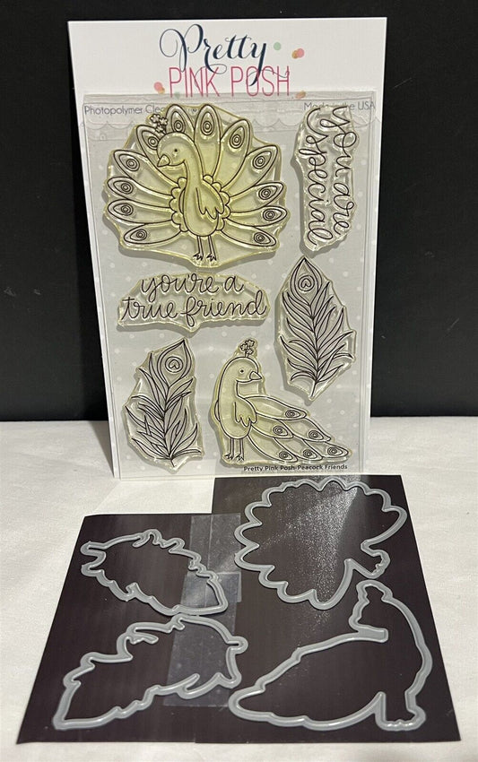 Pretty Pink Posh PEACOCK FRIENDS Bird Rubber Stamps Dies Set