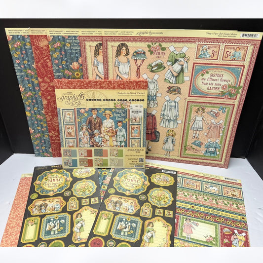 Graphic 45 PENNY'S PAPER DOLL FAMILY 12x12 8x8 Chipboard Papers Kit