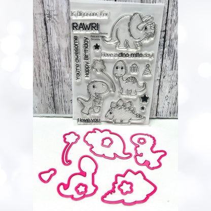 Pink & Main DINOMITE Dino Dinosaurs Rubber Stamps Dies