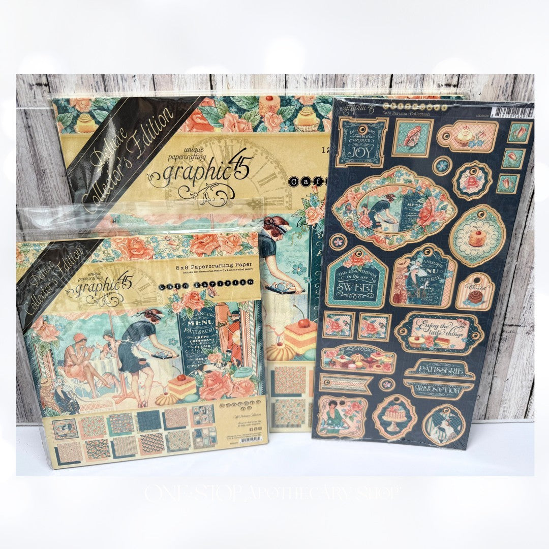 Graphic 45 CAFE PARISIAN Deluxe Collection 12x12 8x8 Chipboard Kit