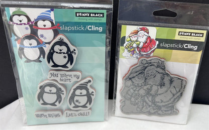 Penny Black HOLIDAY HUGS Let's Chill Santa Penguins Christmas Rubber Stamps Lot