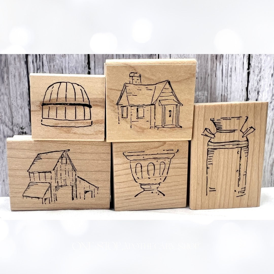 Art Impressions WATERCOLOR Barn House Bucket Rubber Stamps Lot of 5