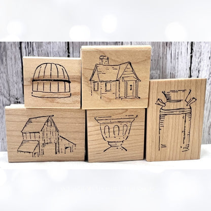 Art Impressions WATERCOLOR Barn House Bucket Rubber Stamps Lot of 5