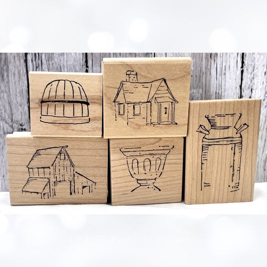 Art Impressions WATERCOLOR Barn House Bucket Rubber Stamps Lot of 5