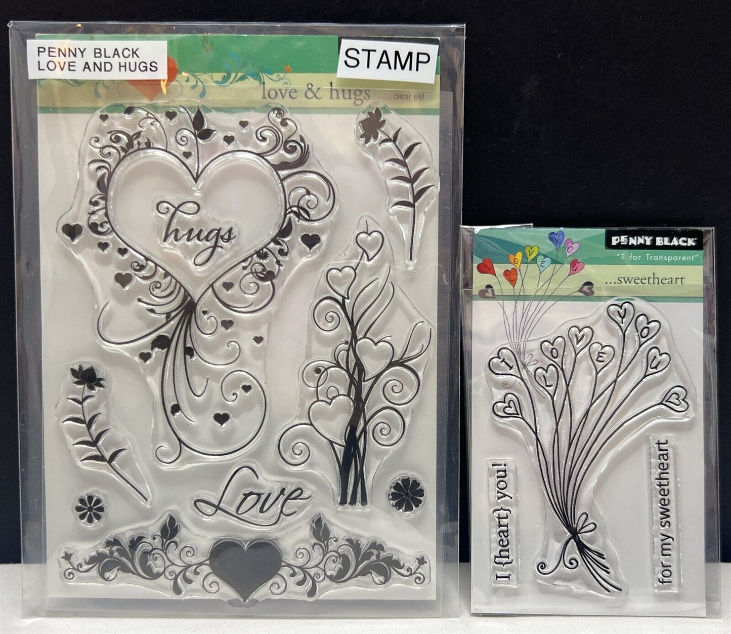 Penny Black LOVE & HUGS Sweetheart Hearts Valentines Day Rubber Stamps Lot of 2