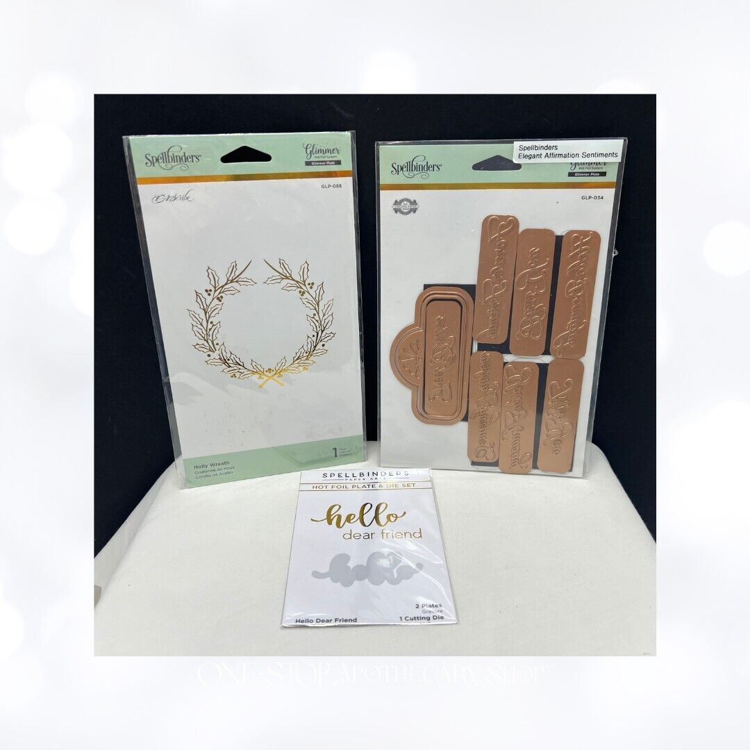 Spellbinders GLIMMER Hot Foil Plates Sentiments Wreath Greetings Lot of 3