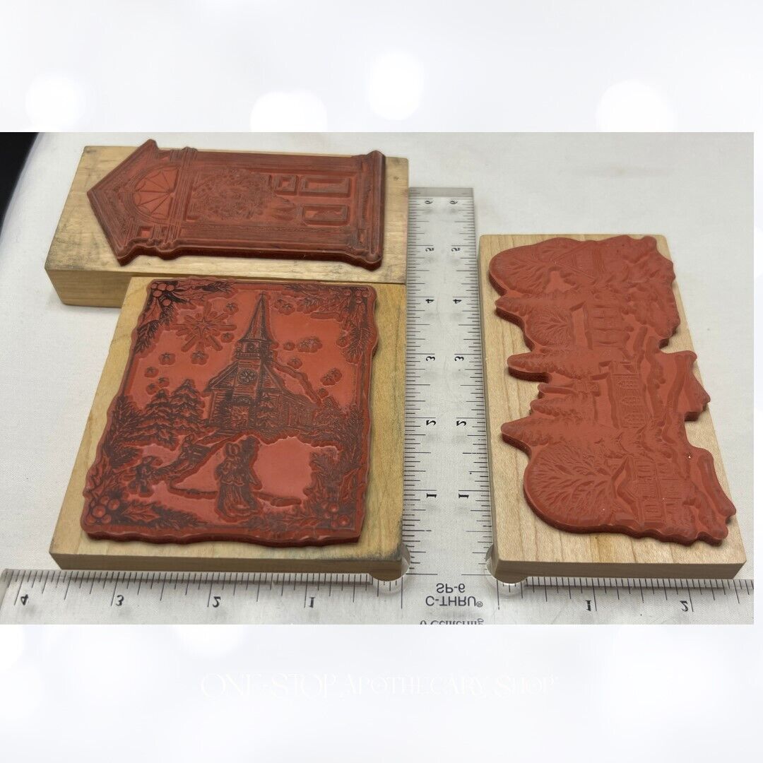 PSX CHRISTMAS Door Church Village Holiday Rubber Stamps Lot of 3