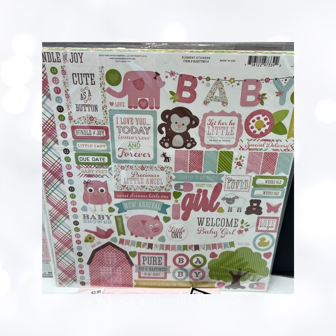 Echo Park Paper Studio BABY GIRL Shower 12x12 Scrapbook Paper Stickers Kit