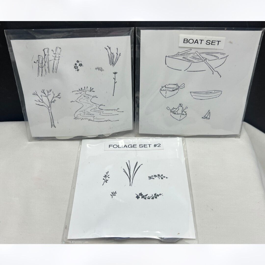 Art Impressions WATERCOLOR Boats Foliage Stream Rubber Stamps Lot of 3