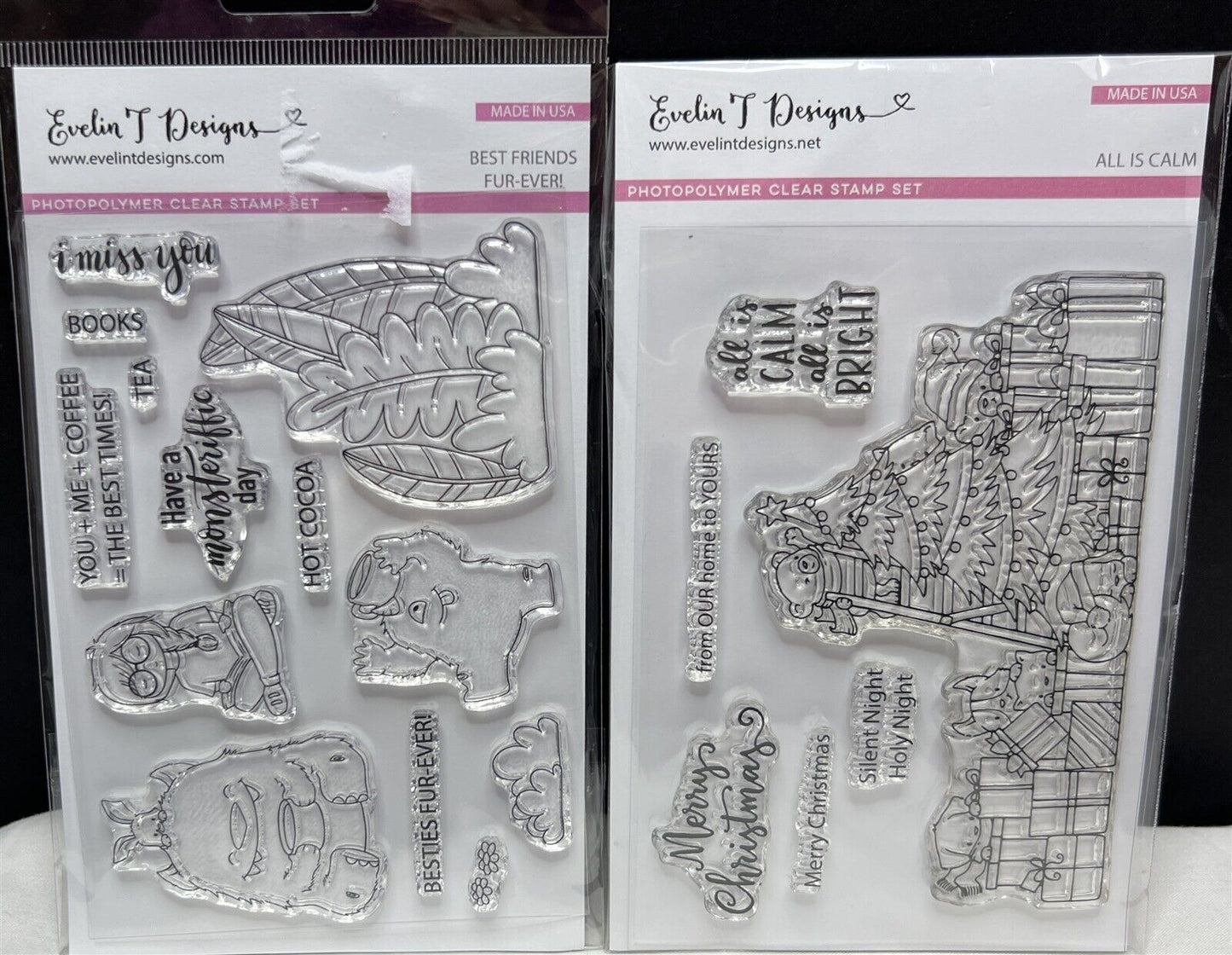 Evelin T Designs Christmas Animals Monsters Holiday Rubber Stamps Lot of 2