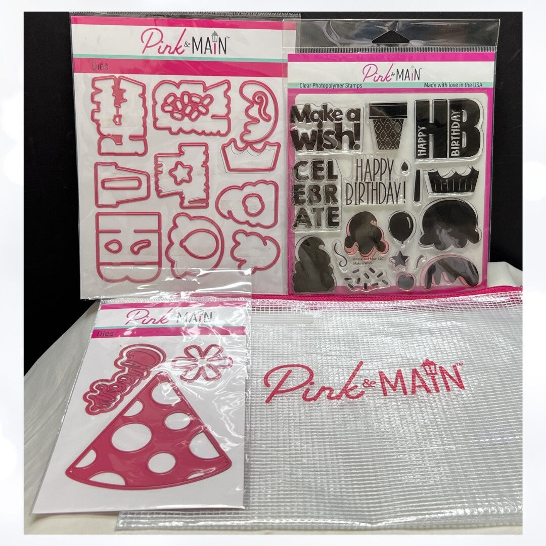 Pink & Main MAKE A WISH Party Hat Birthday Rubber Stamps Dies Lot