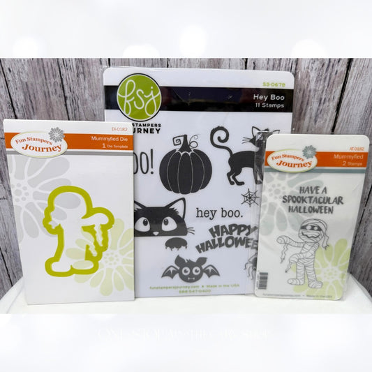 Fun Stampers Journey MUMMYFIED Hey Boo Cat Halloween Rubber Stamps