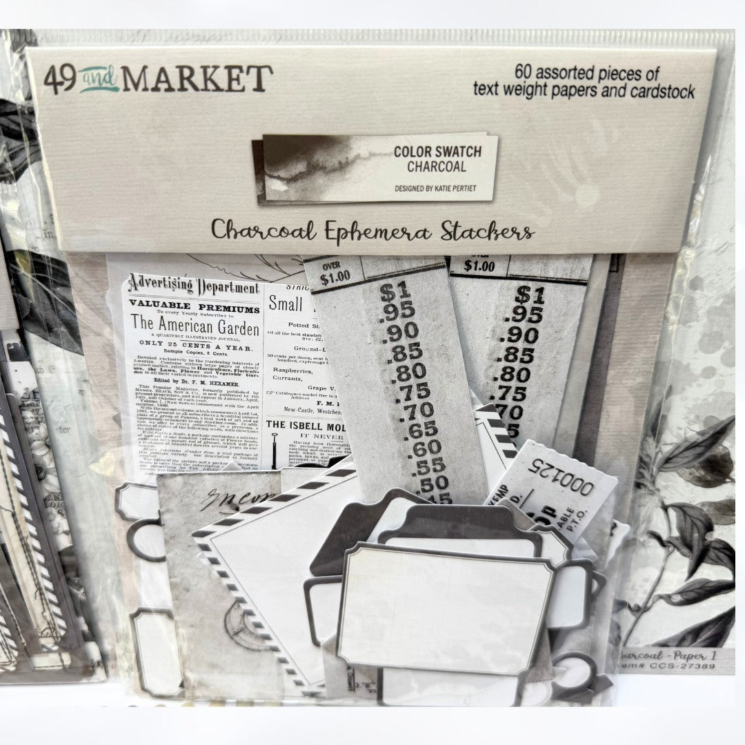 49 & Market CHARCOAL 12x12 Paper Ephemera Frames Die Cuts Collection Kit