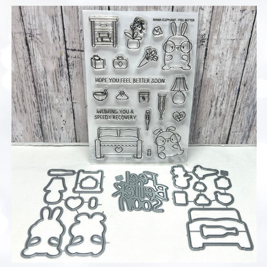 Mama Elephant FEEL BETTER Get Well Bunny Rubber Stamps Dies
