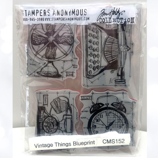 Tim Holtz VINTAGE THINGS BLUEPRINT Clock Typewriter CMS152 Rubber Stamps