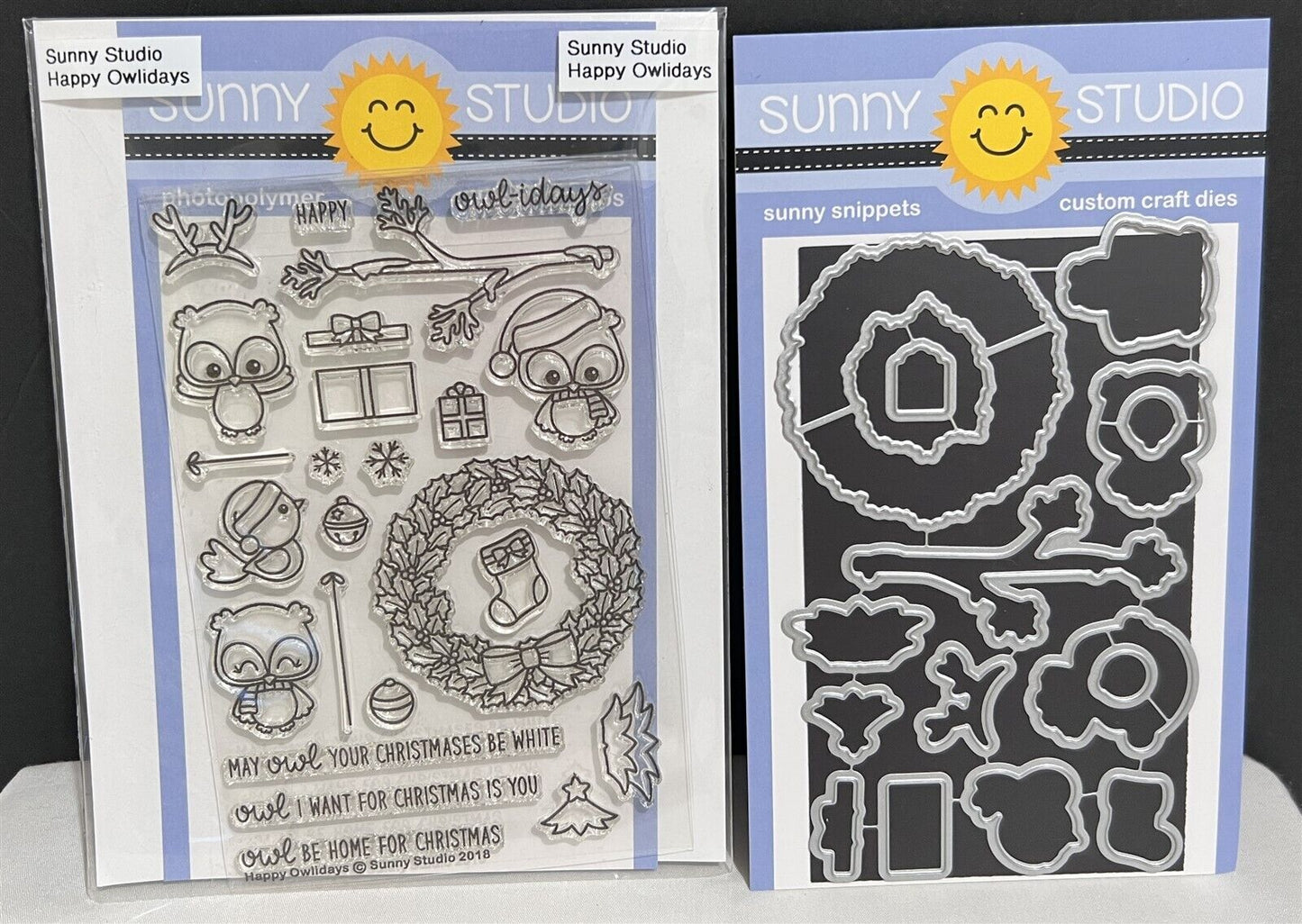 Sunny Studios HAPPY OWLIDAYS Owl Christmas Wreath Holiday Rubber Stamps Dies Set