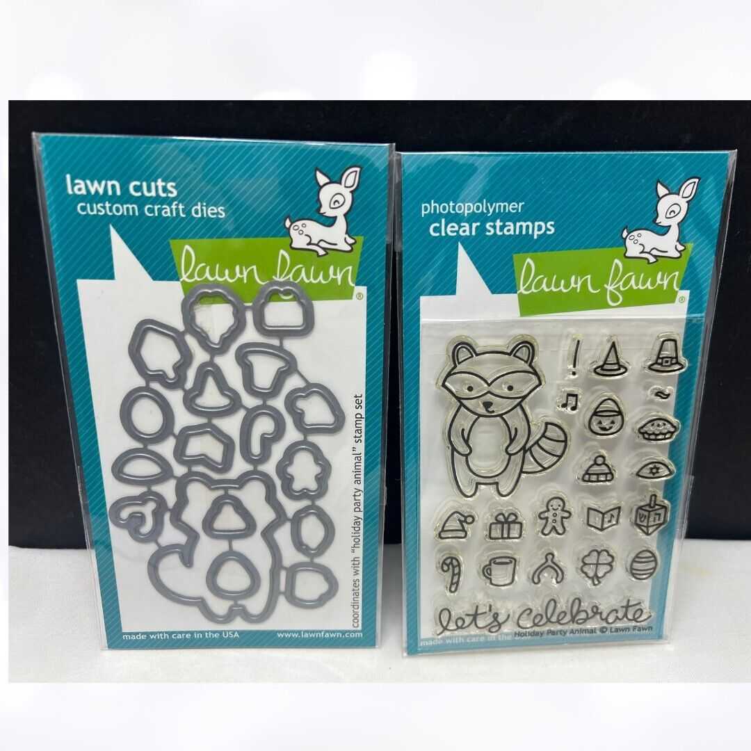 Lawn Fawn HOLIDAY PARTY ANIMAL Raccoon Christmas Halloween Rubber Stamps Dies