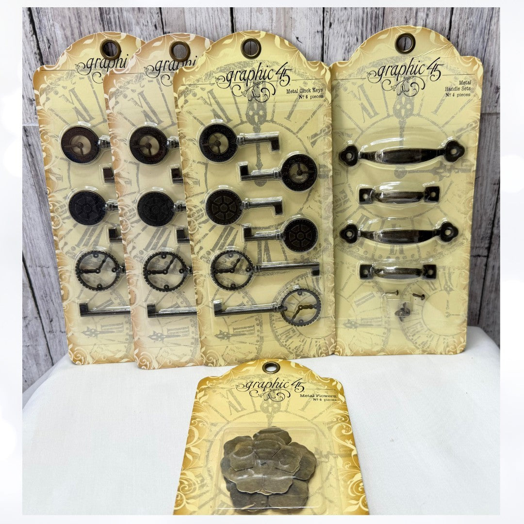 Graphic 45 CLOCK KEYS Metal Handle Flowers Sets Embellishments Lot of 5