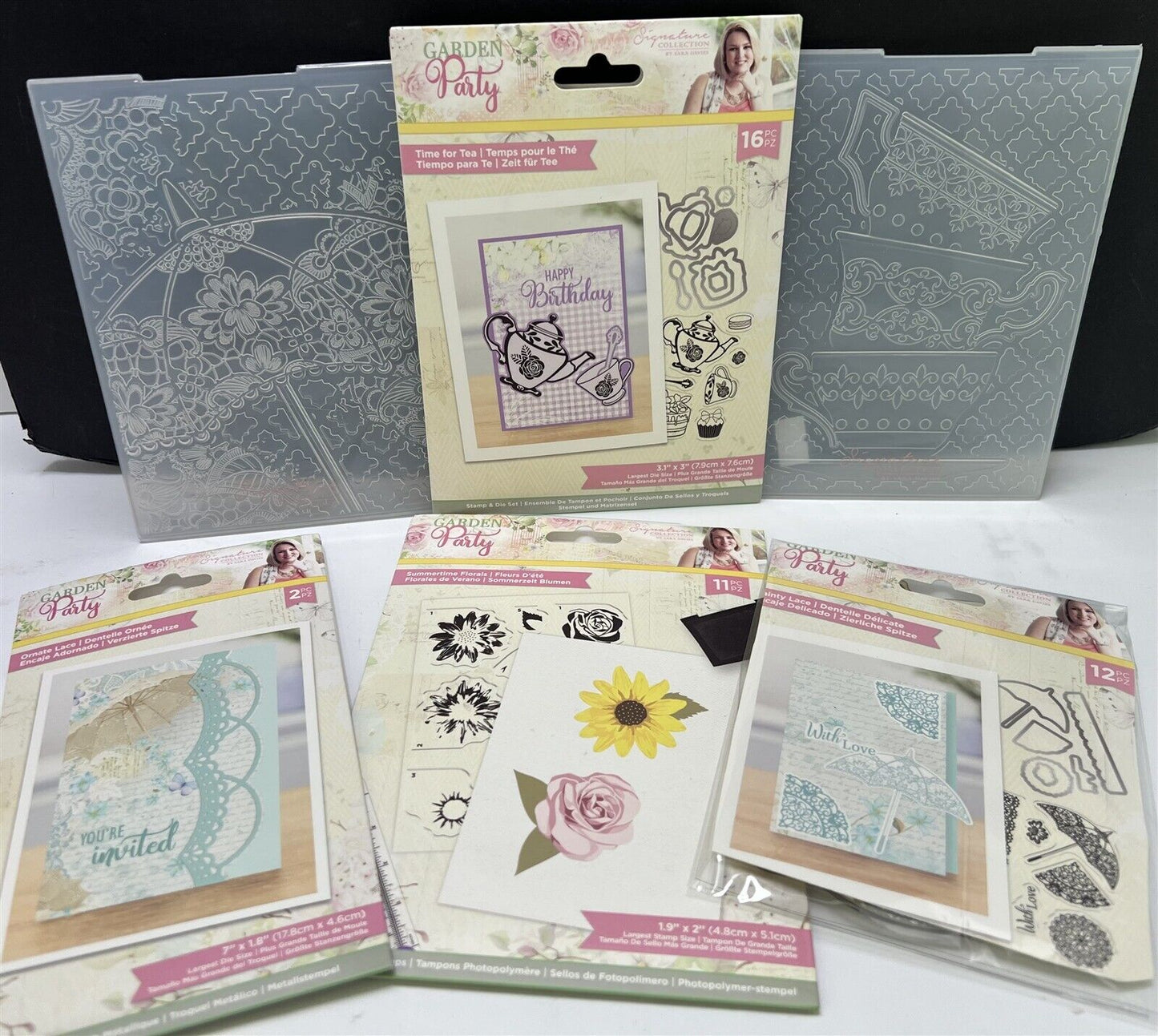 Crafters Companion GARDEN PARTY Tea Umbrella Rubber Stamps Dies Folders Lot