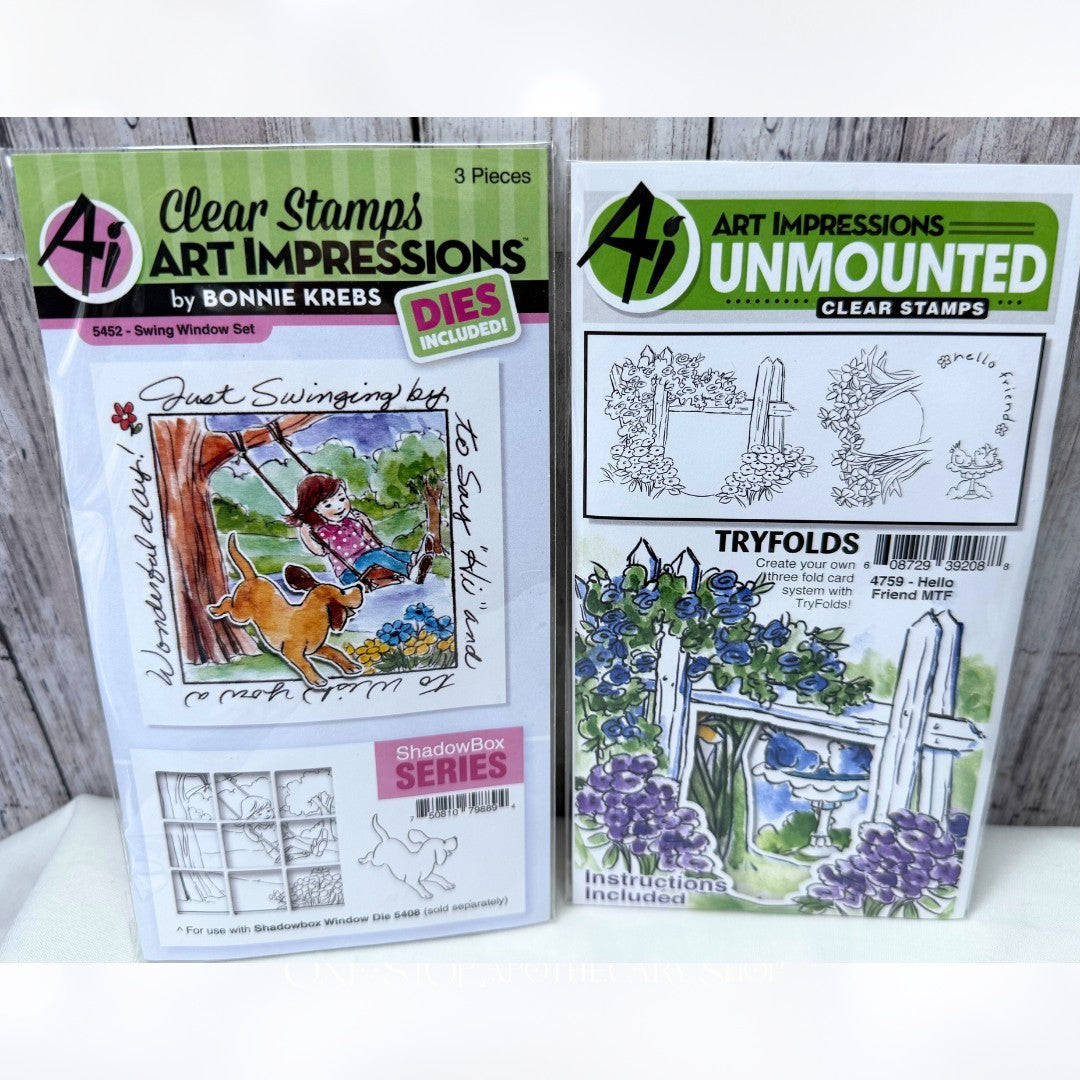 Art Impressions SWING WINDOW Hello Friend Tryfold Rubber Stamps Dies