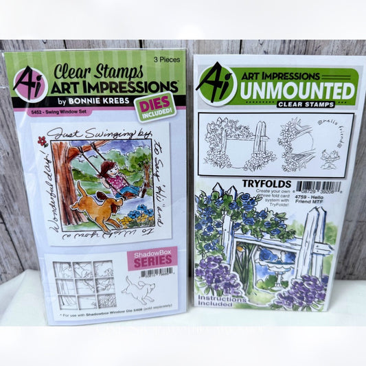 Art Impressions SWING WINDOW Hello Friend Tryfold Rubber Stamps Dies