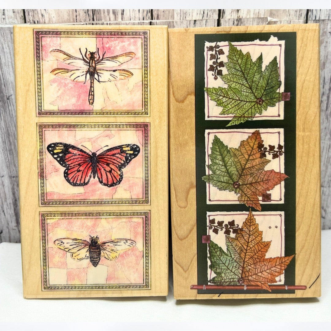 Stamps Happen FALL LEAVES Dragonfly Butterfly Bees Rubber Stamps Lot of 2