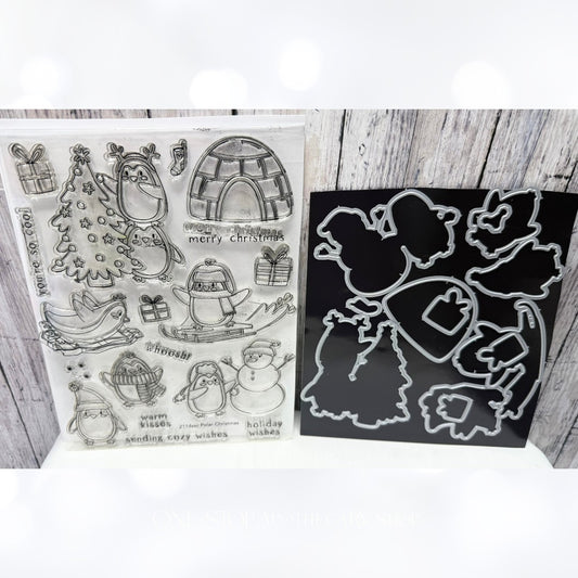 Simon Says Stamp POLAR CHRISTMAS Penguins 6x8 Rubber Stamps Dies